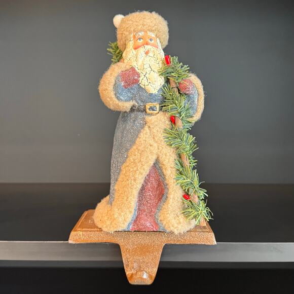 Vintage Santa Stocking Hanger w/ Crackled Aged Finish and Faux Fur Accents, 8”H - Picture 5 of 7